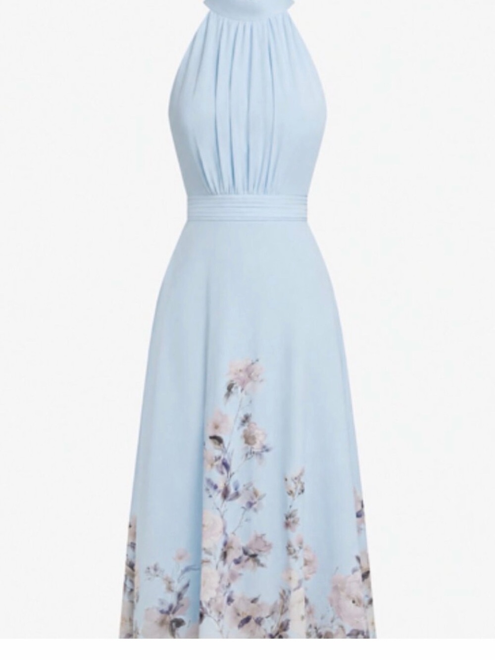Sleeveless Light Blue Floral Halter Maxi Dress-Fehaute